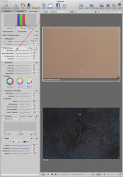 2. Move the slider to the left side. Watch the histogram. All RGB curves are moved to the left side. The picture background gets darker