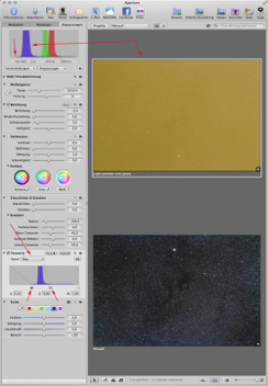 3. Move the blue (B) curve to the left side of the histogram. Let it be wide. Not narrow. Set the slider at the beginning and at the end of the bellshaped curve in frame Tonwerte