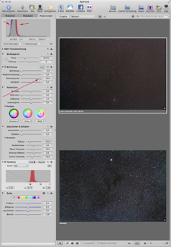 6. Move the slider Schwarzpunkt i.e. black start point to the right side. Take care of the histogram. All RGB curves must be completely visible, and exactly over each other