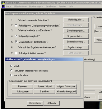 07. Specify the Ergebnissetup i.e. the method how to calculate the final stacked frame